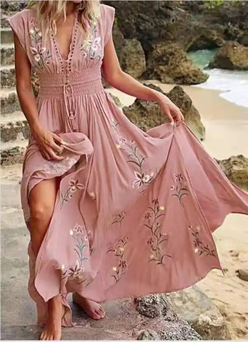 Elegant V Neck Sleeveless Floral Beach Dress for Women Casual Spring Summer Bohemian Style